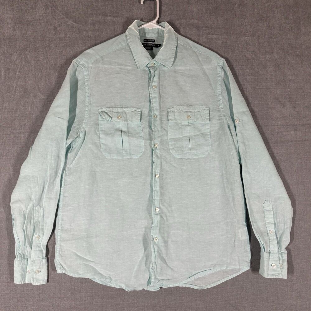 Island Company Mens Small Linen Pilot Shirt Button Down Long Sleeve Shirt Blue